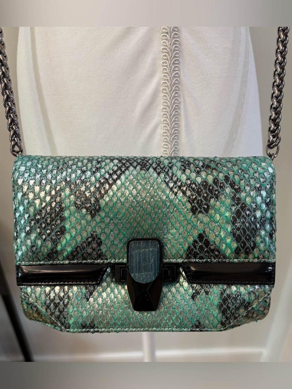 Kara Ross Green Snakeskin Shoulder Bag with Chain Strap & Crystal Clasp